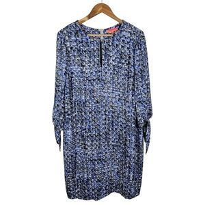 Vilagallo Printed Midi Shift Dress Sz Large Blue Long Sleeves Casual Business